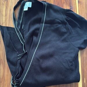 The Loft short sleeved Black wrap Sweater with White Trim and tie- thin